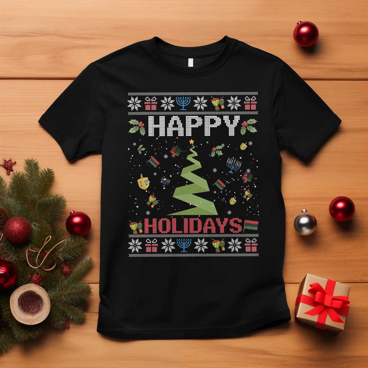 Happy Holidays For All Christmas Hanukkah Kwanzaa Gift T Shirt TS12 Black Print Your Wear
