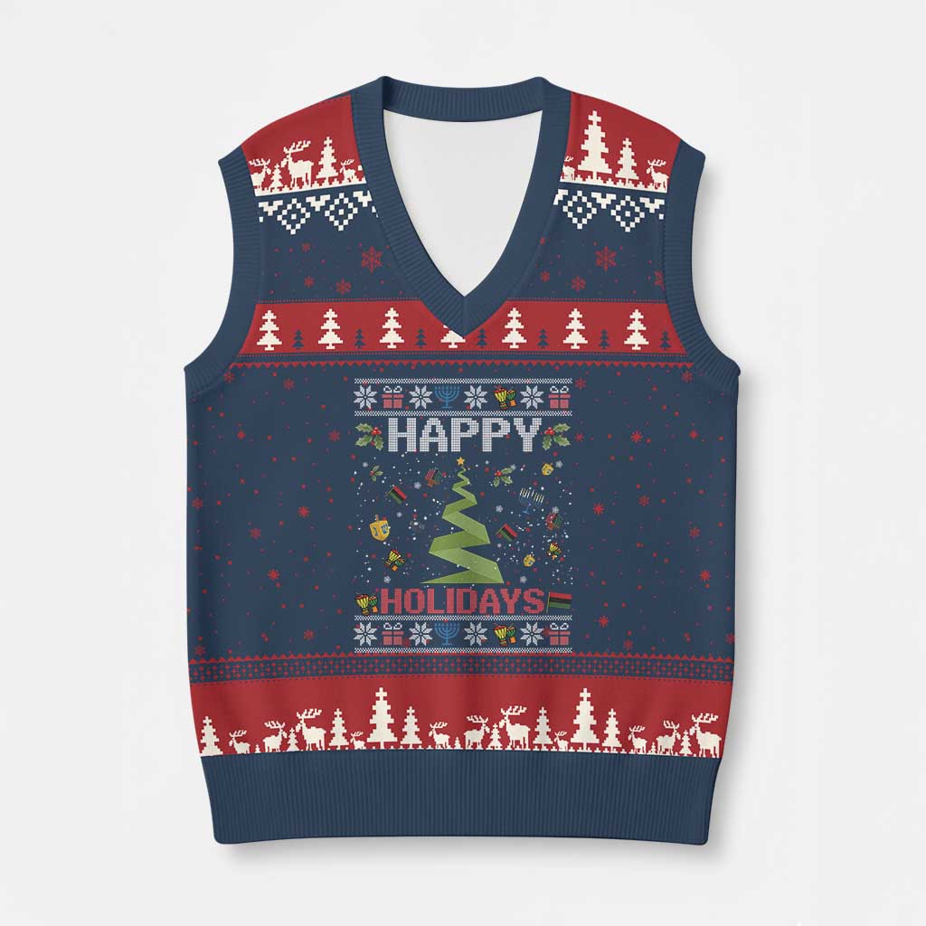 Happy Holidays For All Christmas Hanukkah Kwanzaa Gift V-Neck Knit Sweater Vest TS12 Navy Red Print Your Wear