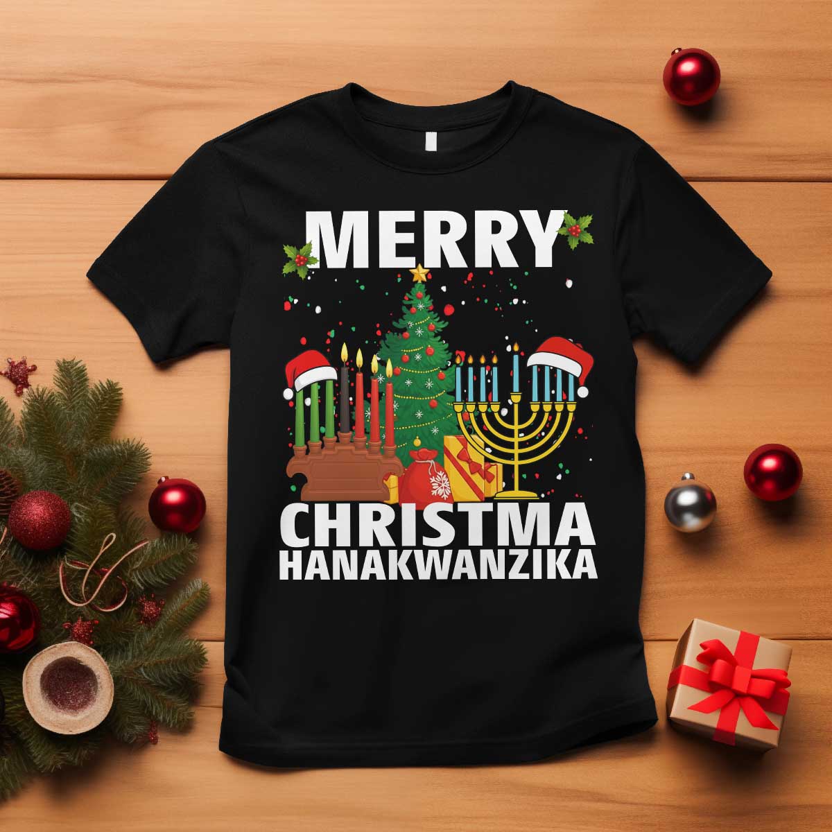 Merry Christmahanakwanzika T Shirt Christmas Hanukkah Kwanzaa Celebration Gift TS12 Black Print Your Wear