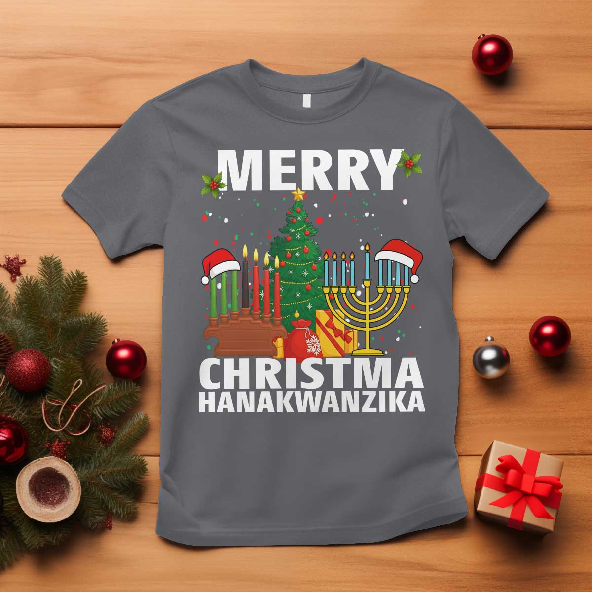 Merry Christmahanakwanzika T Shirt Christmas Hanukkah Kwanzaa Celebration Gift TS12 Charcoal Print Your Wear