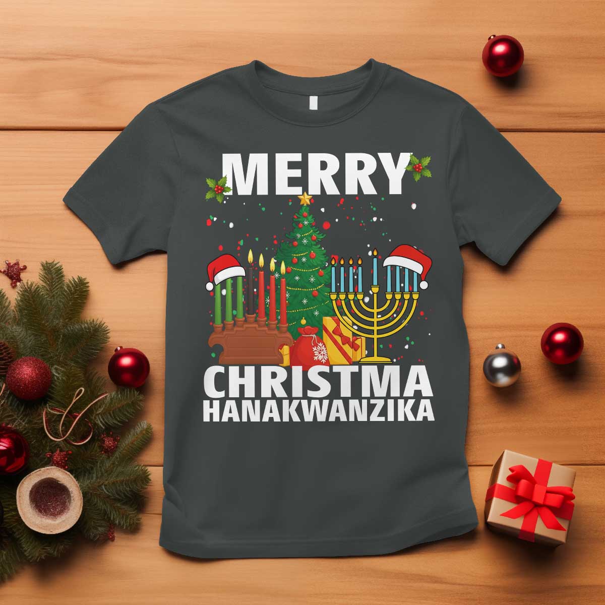 Merry Christmahanakwanzika T Shirt Christmas Hanukkah Kwanzaa Celebration Gift TS12 Dark Heather Print Your Wear