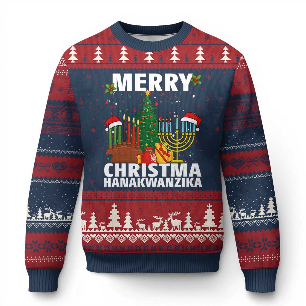 Merry Christmahanakwanzika Ugly Christmas Sweater Xmas Hanukkah Kwanzaa Celebration Gift TS12 Navy Red Print Your Wear