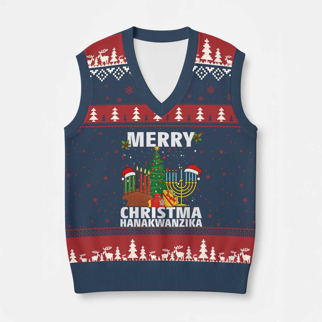 Merry Christmahanakwanzika V-Neck Knit Sweater Vest Xmas Hanukkah Kwanzaa Celebration Gift TS12 Navy Red Print Your Wear