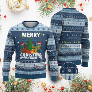Merry Christmahanakwanzika Hanukkah Ugly Sweater Christmas Chanukkah Kwanzaa Celebration Gift TS12 Navy Light Blue Print Your Wear