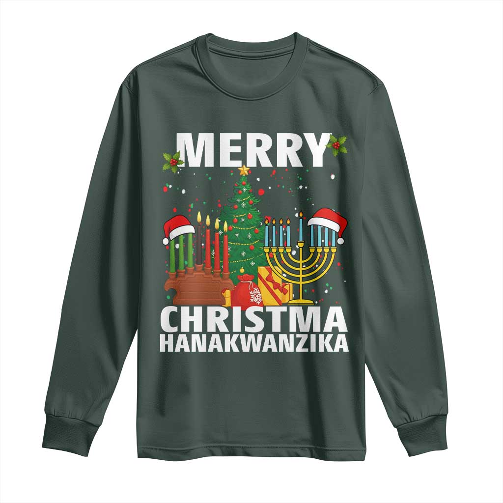 Merry Christmahanakwanzika Long Sleeve Shirt Christmas Hanukkah Kwanzaa Celebration Gift TS12 Dark Forest Green Print Your Wear
