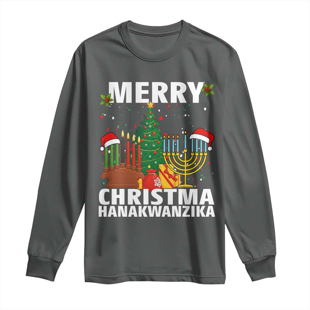 Merry Christmahanakwanzika Long Sleeve Shirt Christmas Hanukkah Kwanzaa Celebration Gift TS12 Dark Heather Print Your Wear