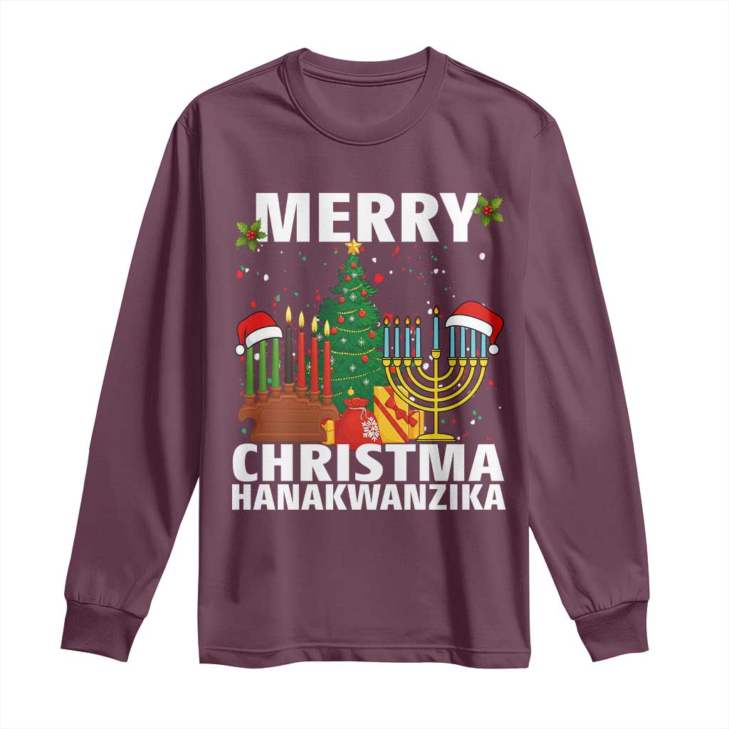 Merry Christmahanakwanzika Long Sleeve Shirt Christmas Hanukkah Kwanzaa Celebration Gift TS12 Maroon Print Your Wear