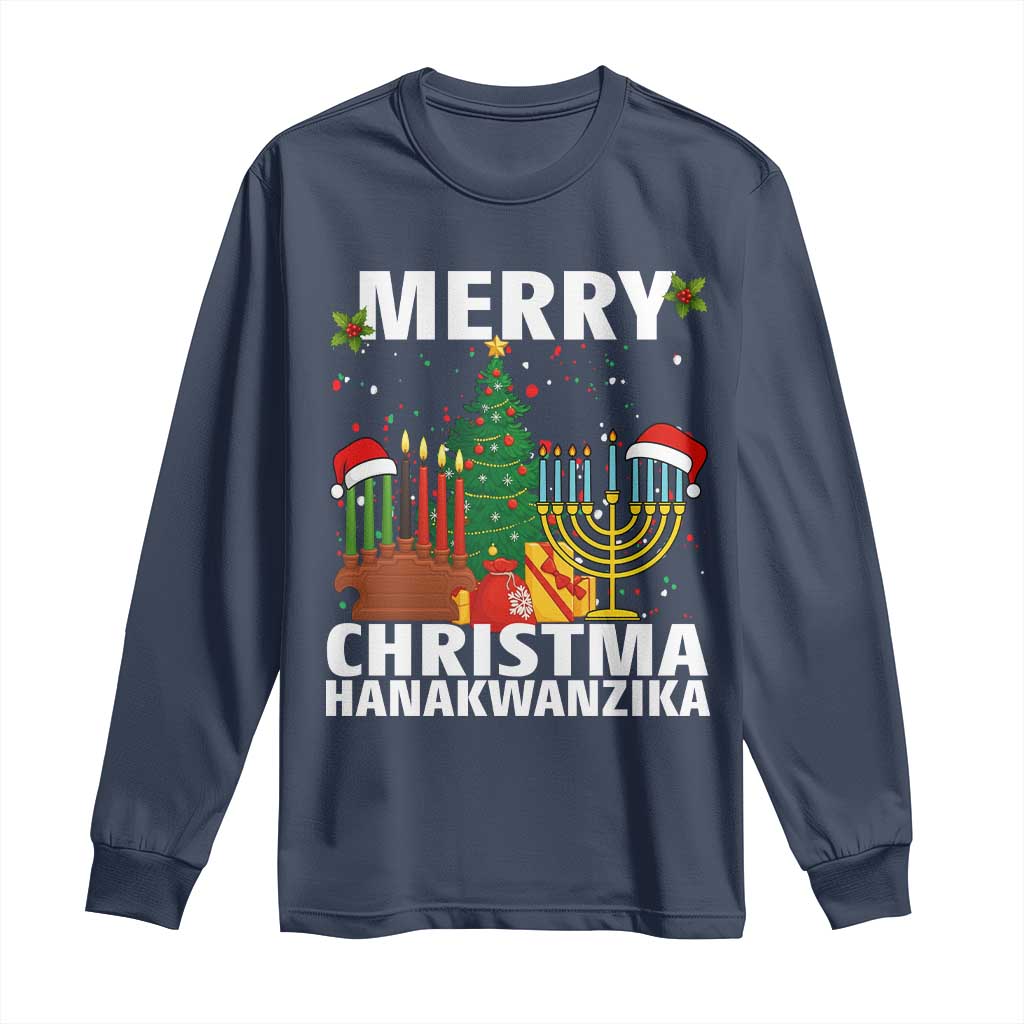 Merry Christmahanakwanzika Long Sleeve Shirt Christmas Hanukkah Kwanzaa Celebration Gift TS12 Navy Print Your Wear
