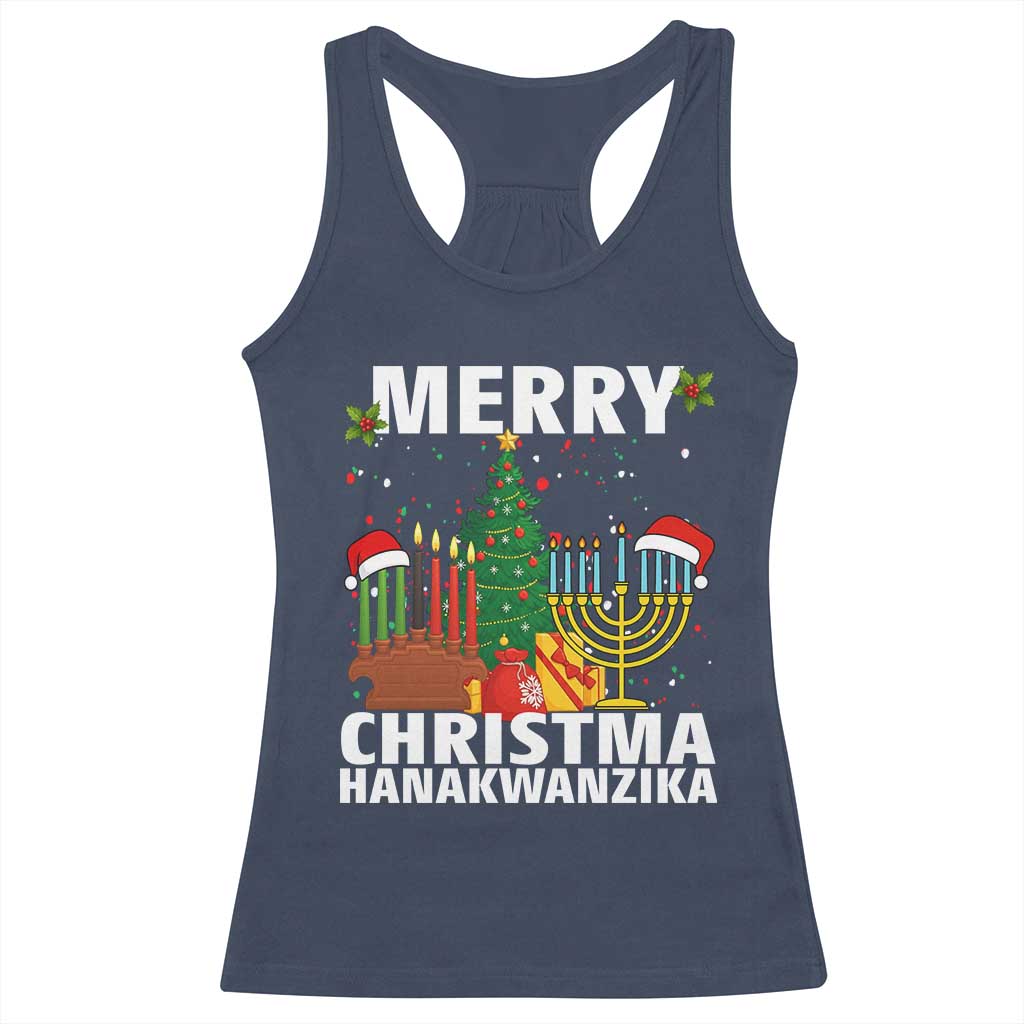 Merry Christmahanakwanzika Racerback Tank Top Christmas Hanukkah Kwanzaa Celebration Gift TS12 Navy Print Your Wear