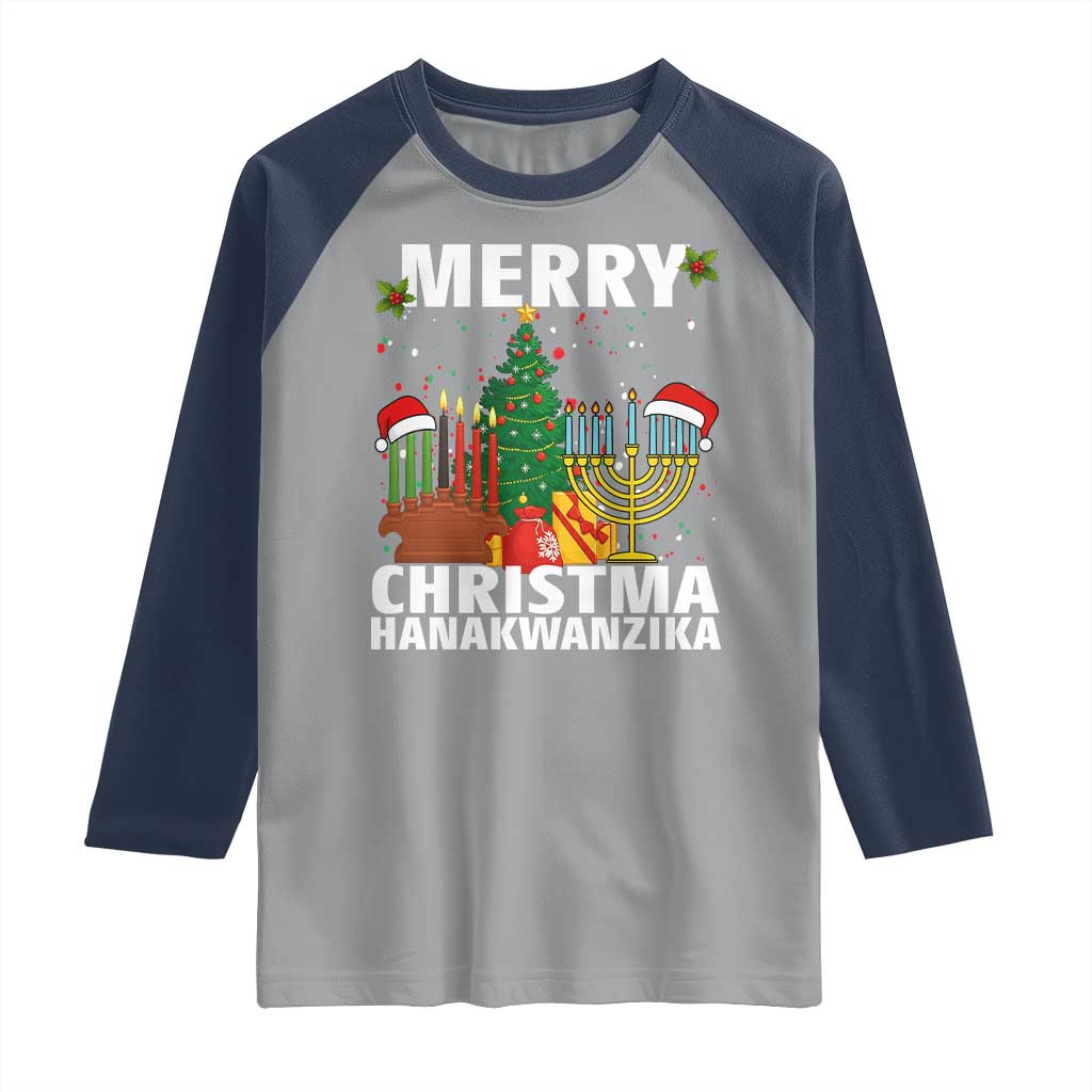 Merry Christmahanakwanzika Raglan Shirt Christmas Hanukkah Kwanzaa Celebration Gift TS12 Sport Gray Navy Print Your Wear
