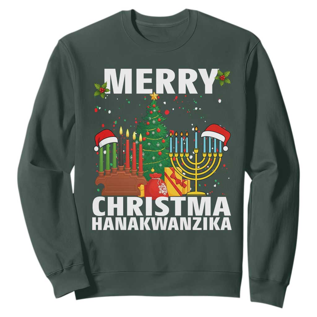 Merry Christmahanakwanzika Sweatshirt Christmas Hanukkah Kwanzaa Celebration Gift TS12 Dark Forest Green Print Your Wear
