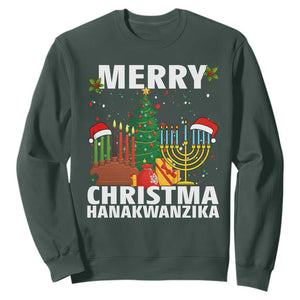 Merry Christmahanakwanzika Sweatshirt Christmas Hanukkah Kwanzaa Celebration Gift TS12 Dark Forest Green Print Your Wear