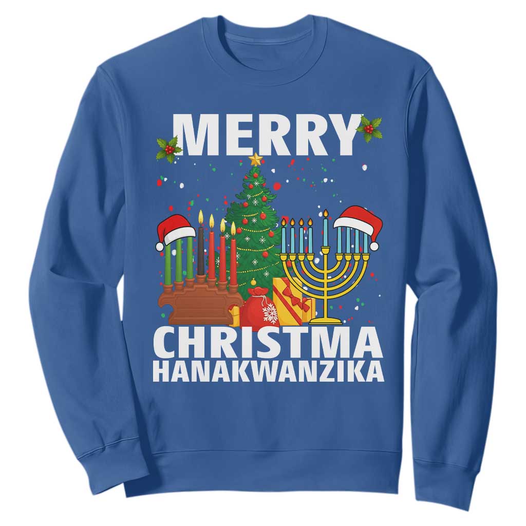 Merry Christmahanakwanzika Sweatshirt Christmas Hanukkah Kwanzaa Celebration Gift TS12 Royal Blue Print Your Wear