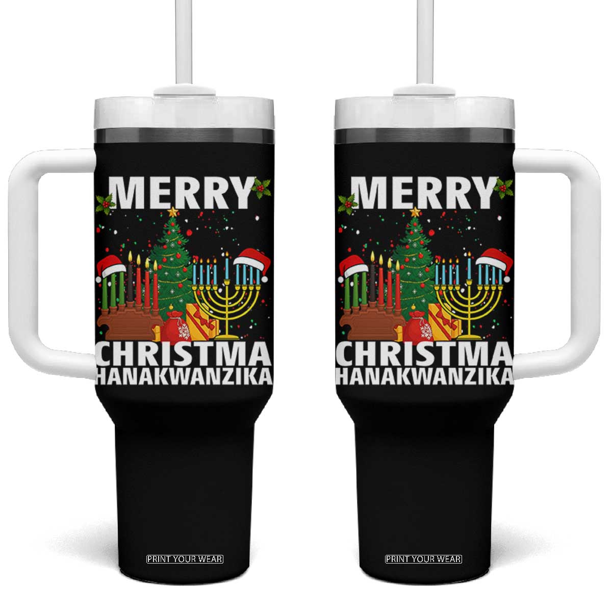 Merry Christmahanakwanzika Tumbler With Handle Christmas Hanukkah Kwanzaa Celebration Gift TS12 One Size: 40 oz Black Print Your Wear