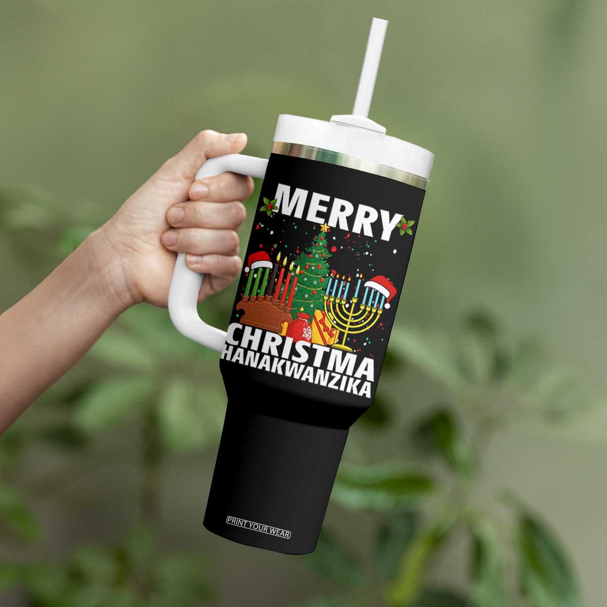 Merry Christmahanakwanzika Tumbler With Handle Christmas Hanukkah Kwanzaa Celebration Gift TS12 Print Your Wear