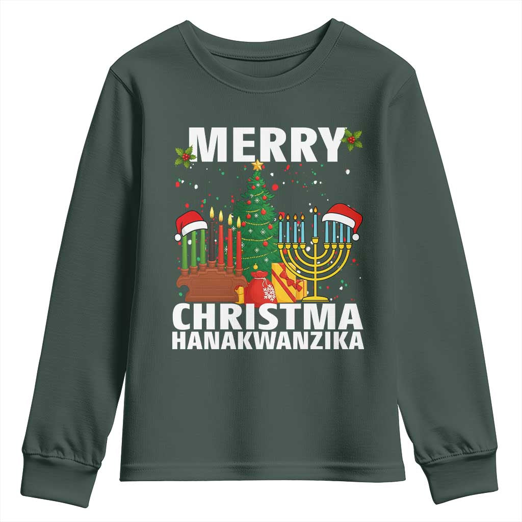 Merry Christmahanakwanzika Youth Sweatshirt Christmas Hanukkah Kwanzaa Celebration Gift TS12 Dark Forest Green Print Your Wear