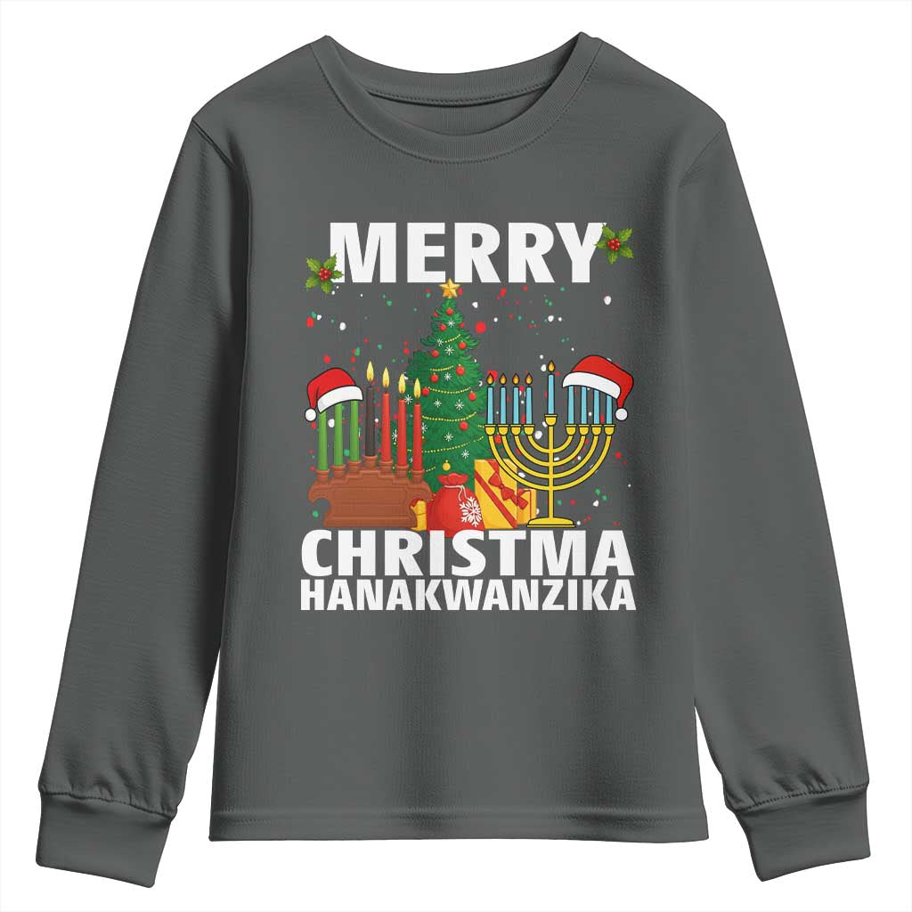 Merry Christmahanakwanzika Youth Sweatshirt Christmas Hanukkah Kwanzaa Celebration Gift TS12 Dark Heather Print Your Wear