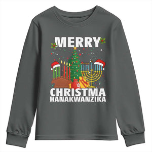Merry Christmahanakwanzika Youth Sweatshirt Christmas Hanukkah Kwanzaa Celebration Gift TS12 Dark Heather Print Your Wear
