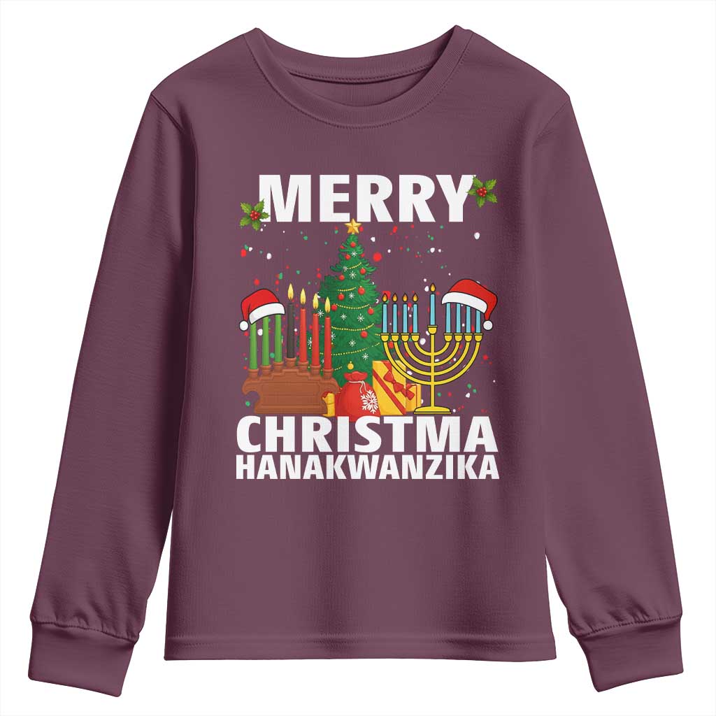 Merry Christmahanakwanzika Youth Sweatshirt Christmas Hanukkah Kwanzaa Celebration Gift TS12 Maroon Print Your Wear