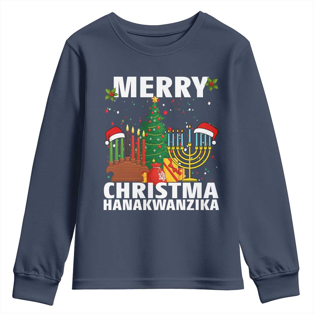 Merry Christmahanakwanzika Youth Sweatshirt Christmas Hanukkah Kwanzaa Celebration Gift TS12 Navy Print Your Wear