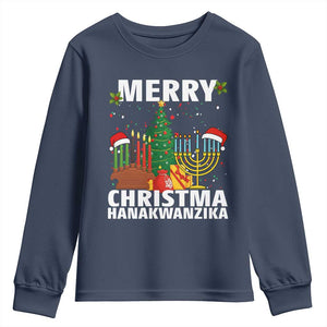 Merry Christmahanakwanzika Youth Sweatshirt Christmas Hanukkah Kwanzaa Celebration Gift TS12 Navy Print Your Wear