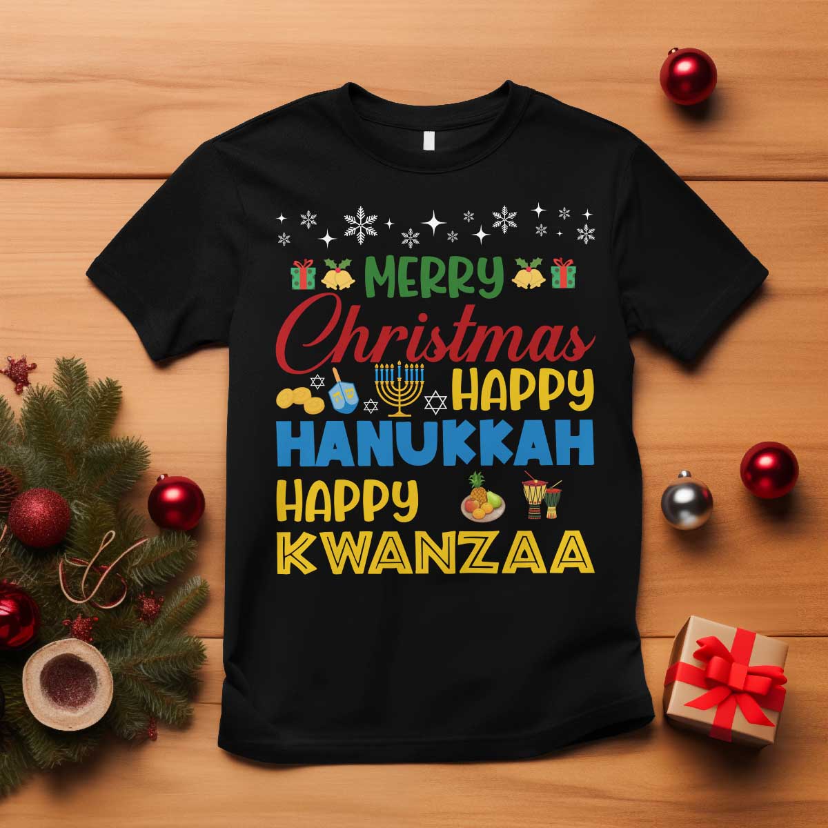 Celebrate All Holidays Merry Christmas Hanukkah Kwanzaa Gift T Shirt TS12 Black Print Your Wear