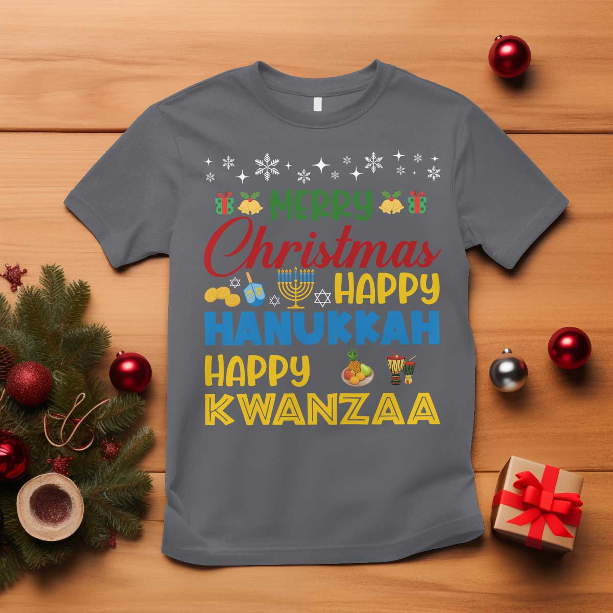 Celebrate All Holidays Merry Christmas Hanukkah Kwanzaa Gift T Shirt TS12 Charcoal Print Your Wear