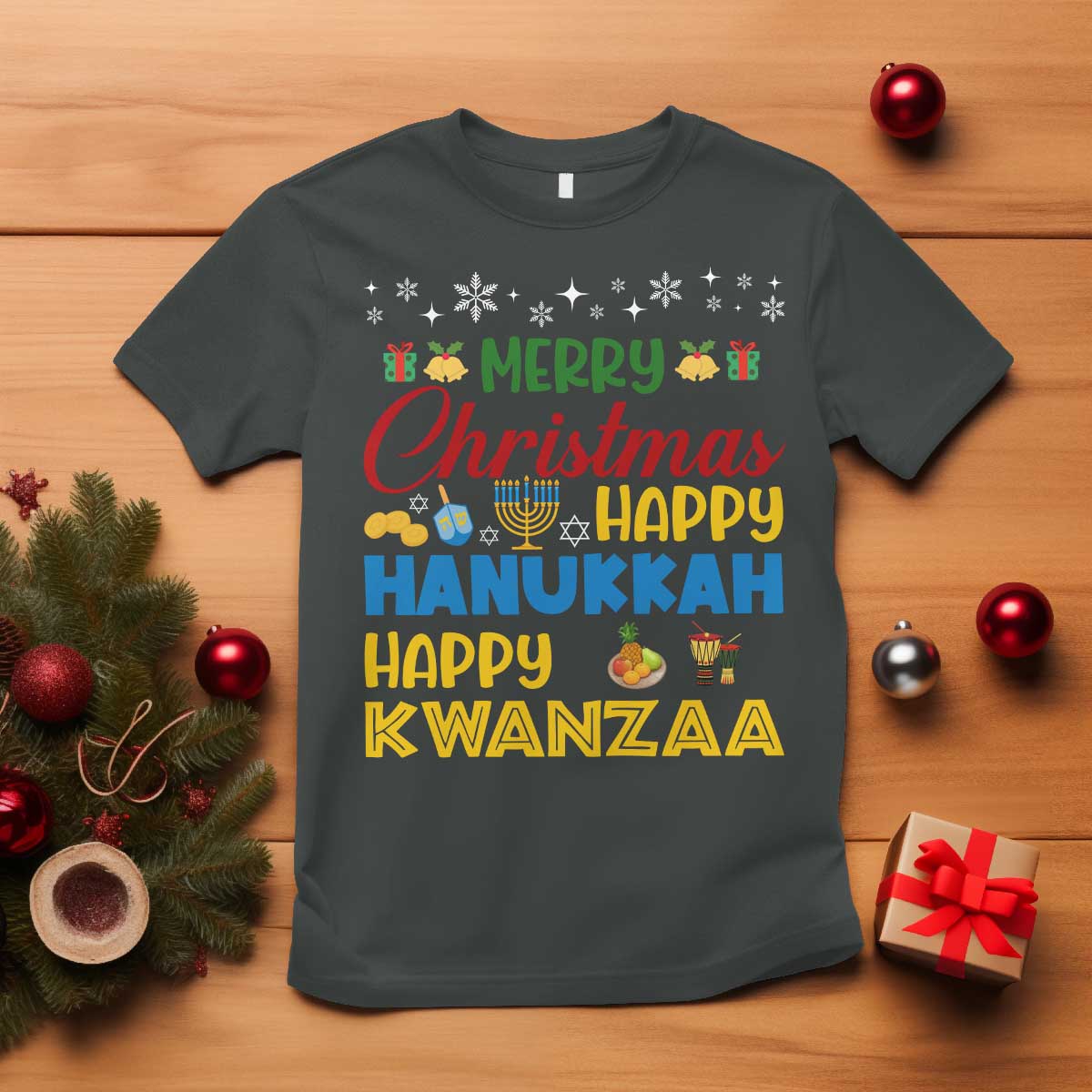 Celebrate All Holidays Merry Christmas Hanukkah Kwanzaa Gift T Shirt TS12 Dark Heather Print Your Wear
