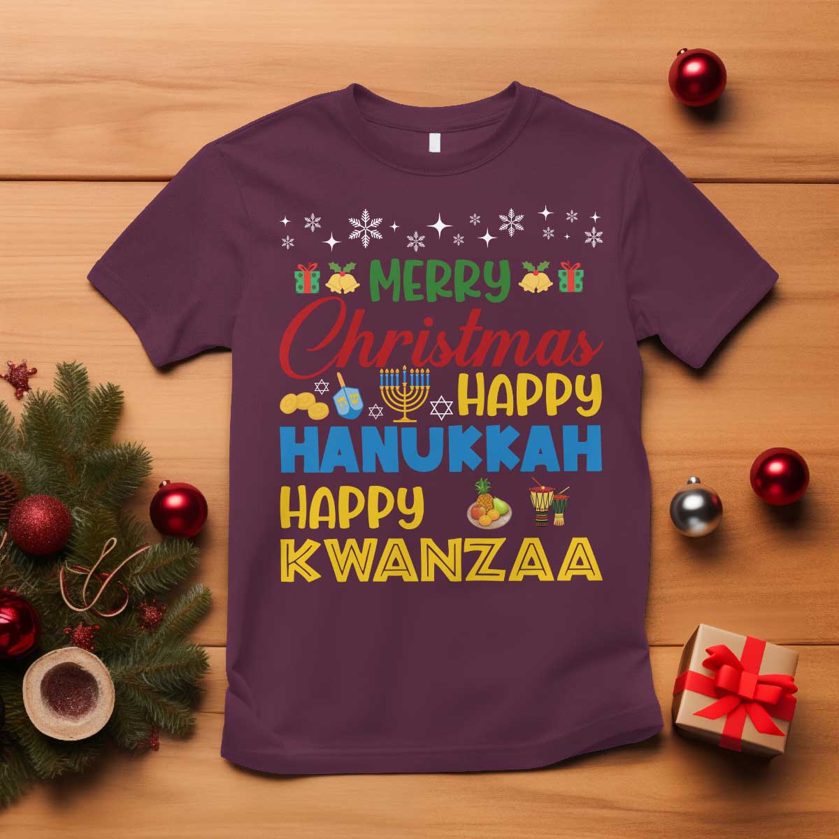 Celebrate All Holidays Merry Christmas Hanukkah Kwanzaa Gift T Shirt TS12 Maroon Print Your Wear