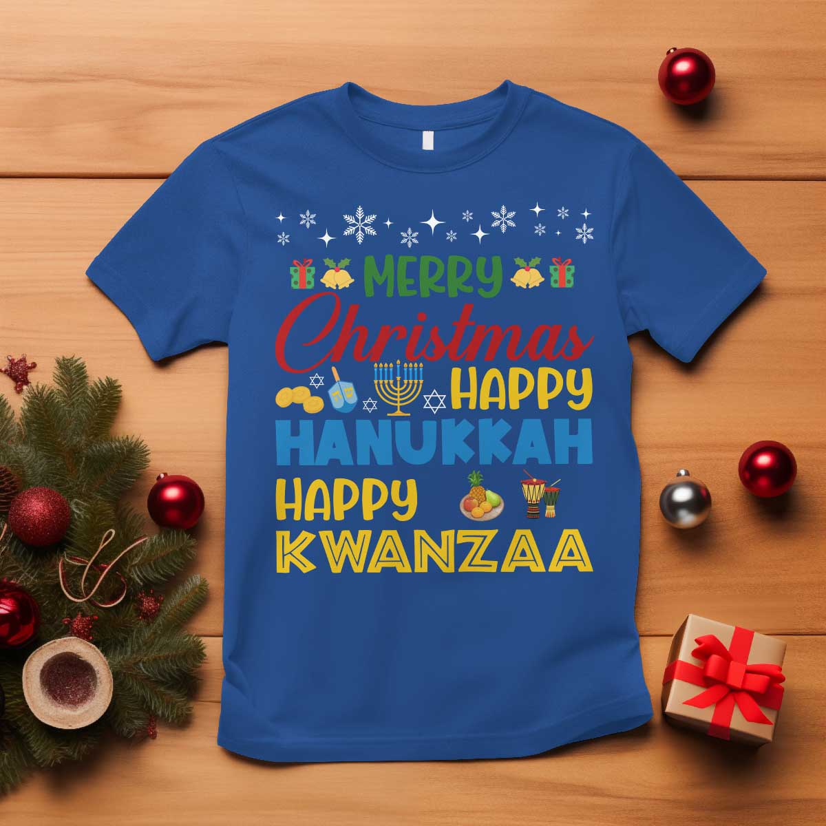 Celebrate All Holidays Merry Christmas Hanukkah Kwanzaa Gift T Shirt TS12 Royal Blue Print Your Wear