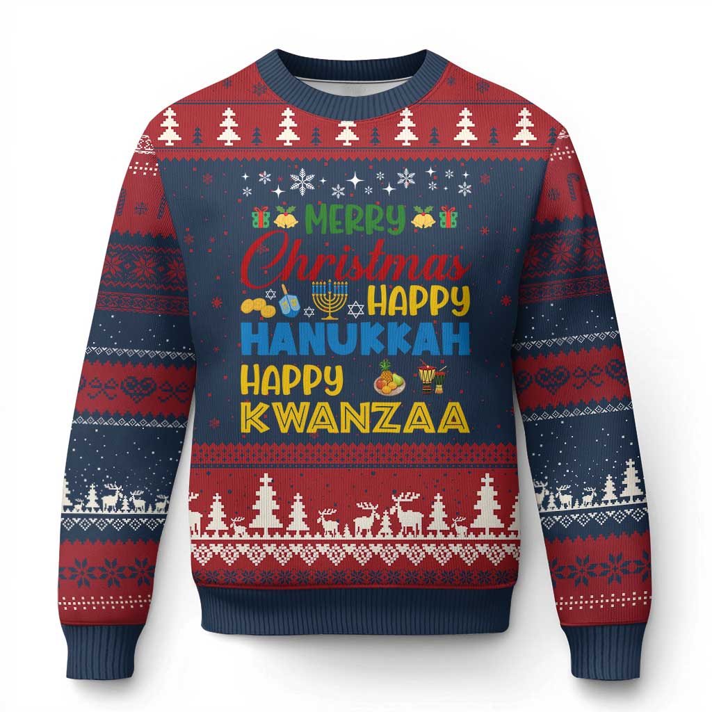 Celebrate All Holidays Merry Xmas Hanukkah Kwanzaa Gift Ugly Christmas Sweater TS12 Navy Red Print Your Wear