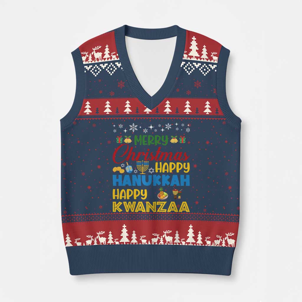 Celebrate All Holidays Merry Xmas Hanukkah Kwanzaa Gift V-Neck Knit Sweater Vest TS12 Navy Red Print Your Wear