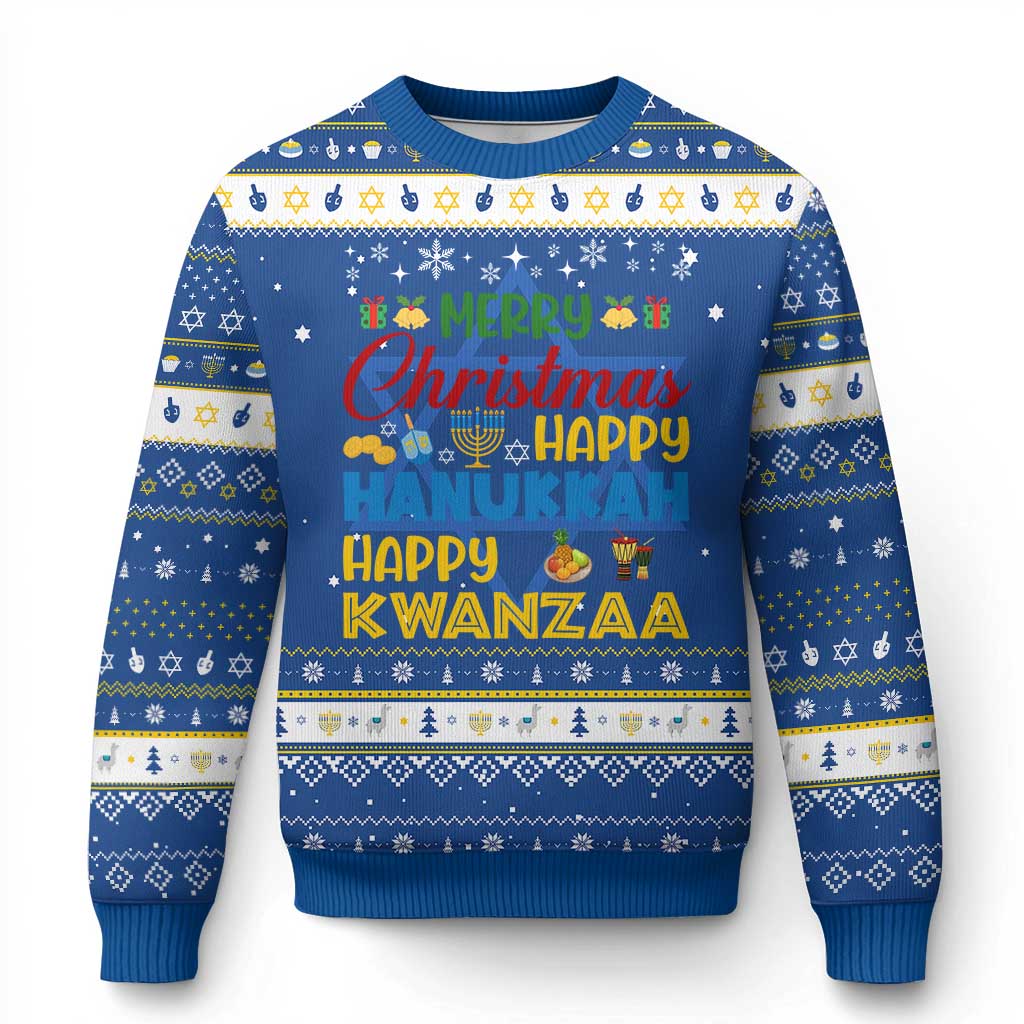 Celebrate All Holidays Merry Christmas Chanukkah Kwanzaa Gift Hanukkah Ugly Sweater TS12 Blue White Print Your Wear