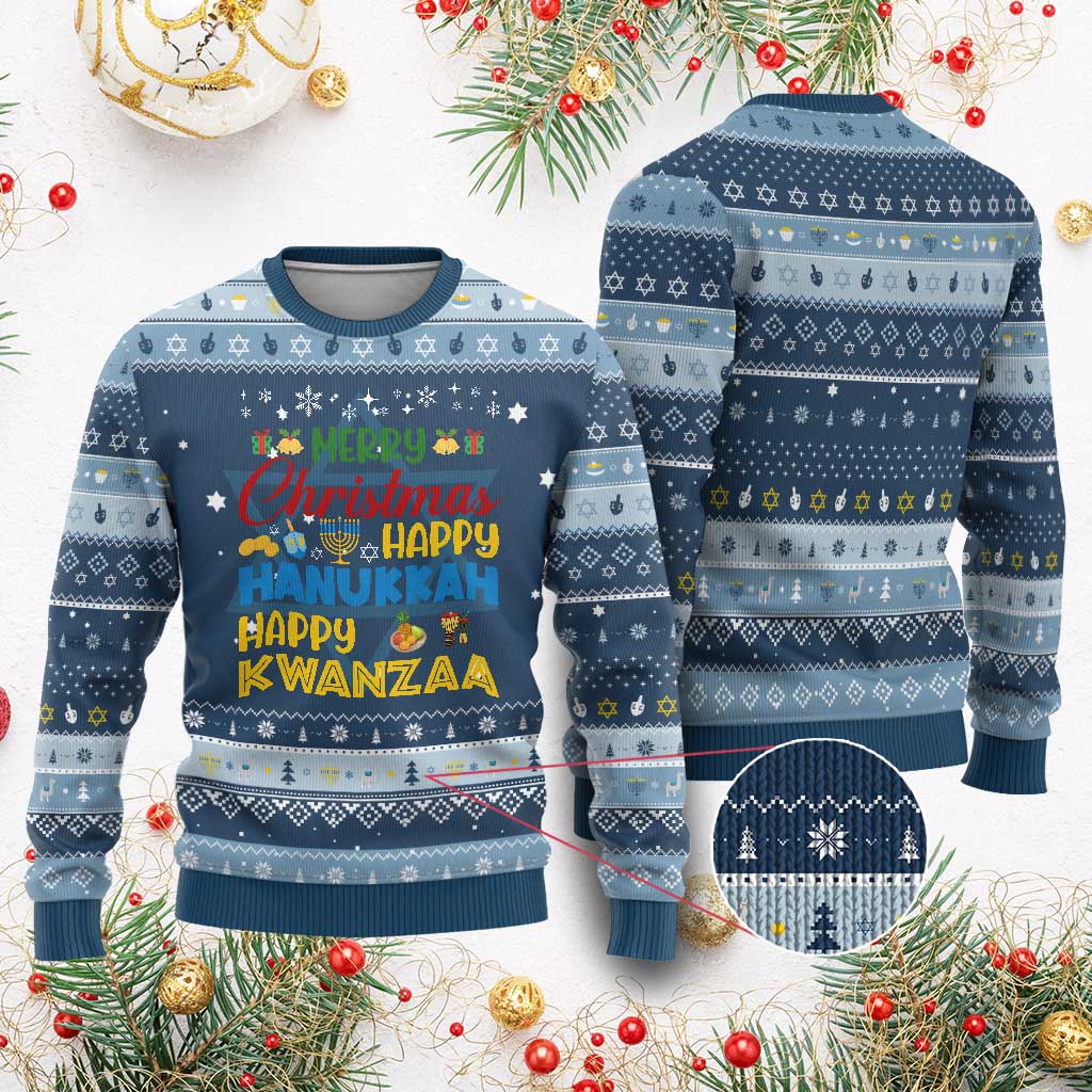 Celebrate All Holidays Merry Christmas Chanukkah Kwanzaa Gift Hanukkah Ugly Sweater TS12 Navy Light Blue Print Your Wear