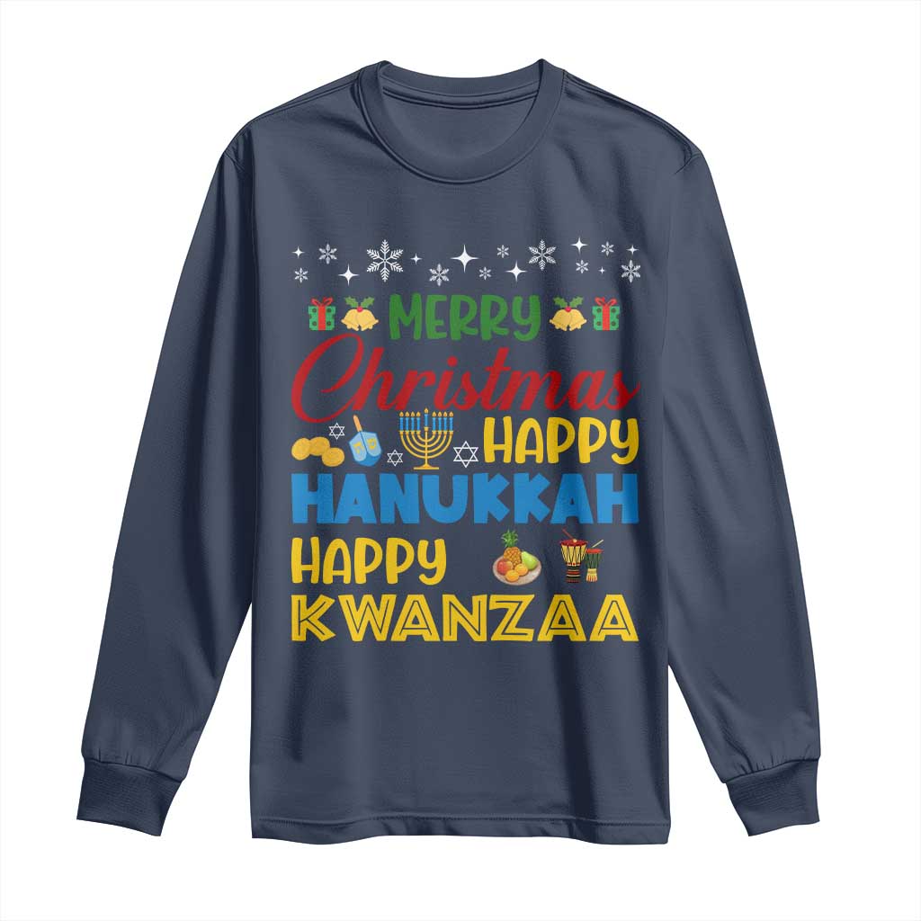 Celebrate All Holidays Merry Christmas Hanukkah Kwanzaa Gift Long Sleeve Shirt TS12 Navy Print Your Wear