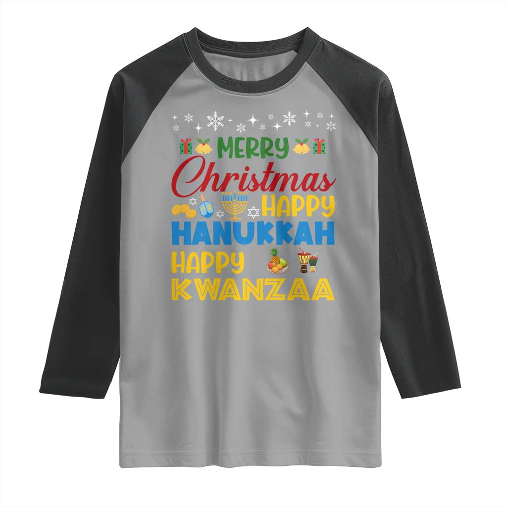 Celebrate All Holidays Merry Christmas Hanukkah Kwanzaa Gift Raglan Shirt TS12 Sport Gray Black Print Your Wear