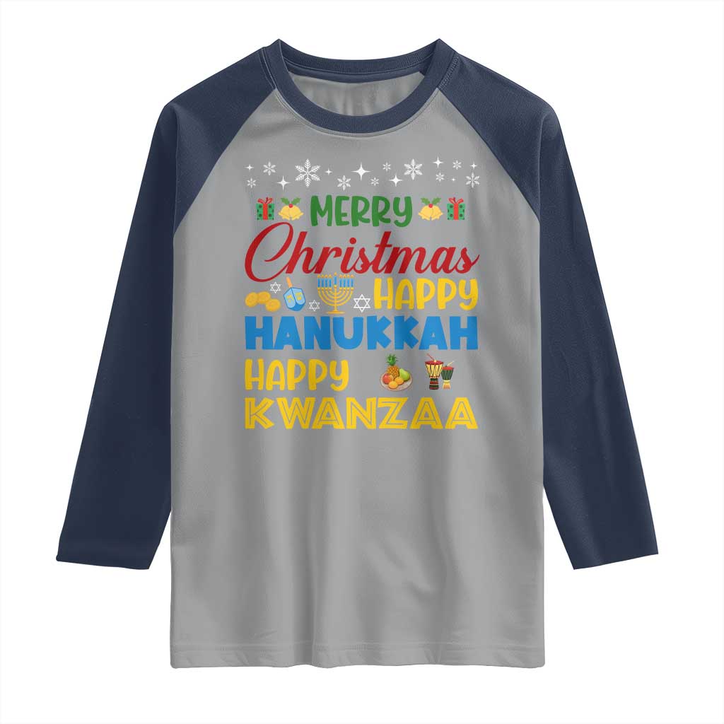 Celebrate All Holidays Merry Christmas Hanukkah Kwanzaa Gift Raglan Shirt TS12 Sport Gray Navy Print Your Wear