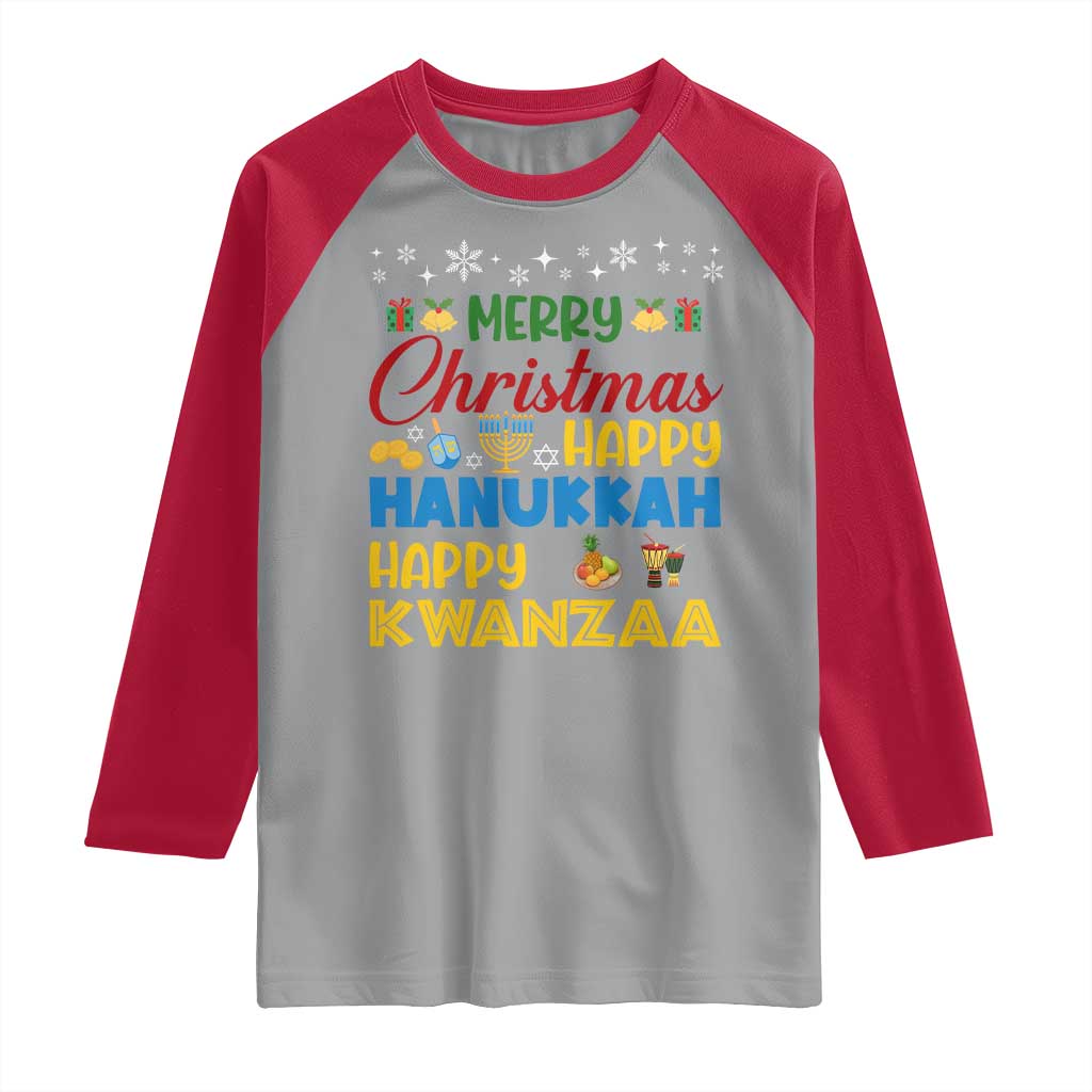 Celebrate All Holidays Merry Christmas Hanukkah Kwanzaa Gift Raglan Shirt TS12 Sport Gray Red Print Your Wear