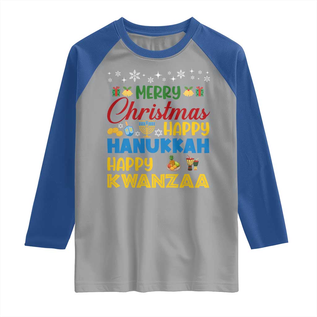 Celebrate All Holidays Merry Christmas Hanukkah Kwanzaa Gift Raglan Shirt TS12 Sport Gray Royal Print Your Wear