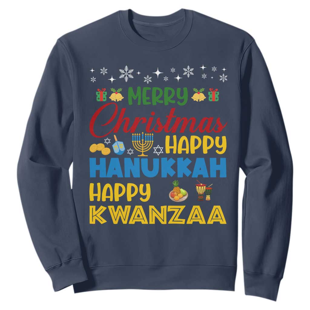 Celebrate All Holidays Merry Christmas Hanukkah Kwanzaa Gift Sweatshirt TS12 Navy Print Your Wear