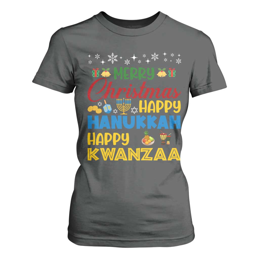 Celebrate All Holidays Merry Christmas Hanukkah Kwanzaa Gift T Shirt For Women TS12 Dark Heather Print Your Wear