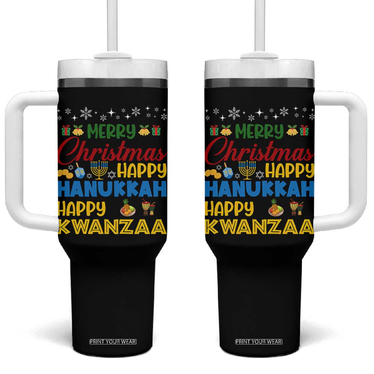 Celebrate All Holidays Merry Christmas Hanukkah Kwanzaa Gift Tumbler With Handle TS12 One Size: 40 oz Black Print Your Wear