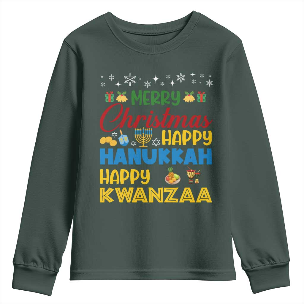 Celebrate All Holidays Merry Christmas Hanukkah Kwanzaa Gift Youth Sweatshirt TS12 Dark Forest Green Print Your Wear