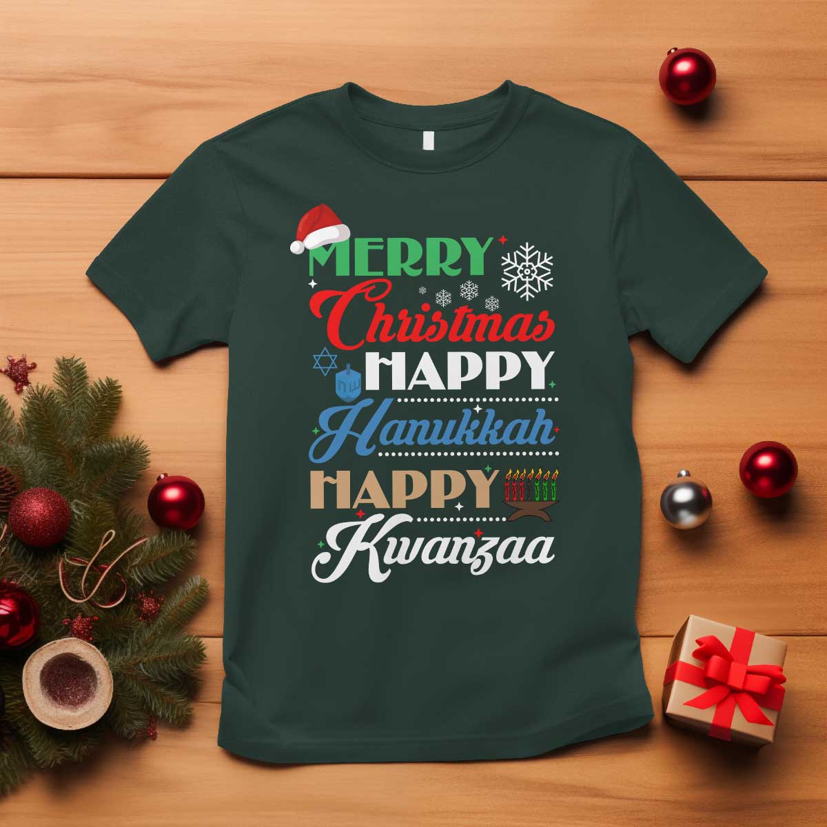 Funny Christmas Hanukkah Kwanzaa T Shirt December Holiday Gift TS12 Dark Forest Green Print Your Wear