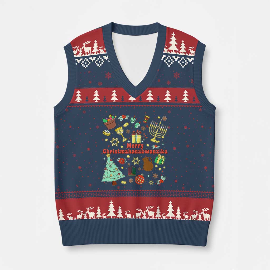 Merry Christmahanakwanzika V-Neck Knit Sweater Vest Funny Winter Holiday Gift TS12 Navy Red Print Your Wear