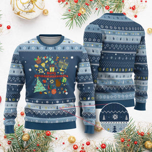 Merry Christmahanakwanzika Hanukkah Ugly Sweater Funny Winter Holiday Gift TS12 Navy Light Blue Print Your Wear