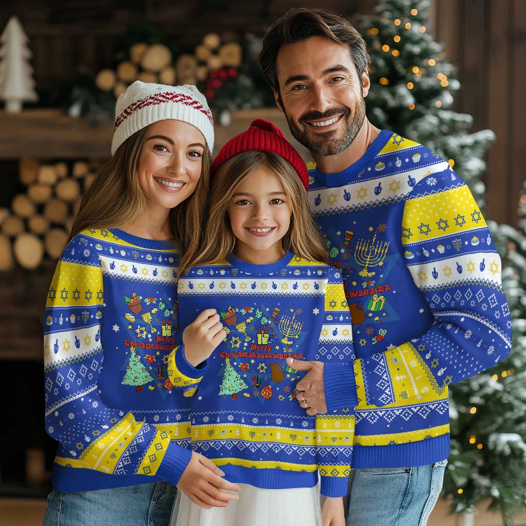 Merry Christmahanakwanzika Hanukkah Ugly Sweater Funny Winter Holiday Gift TS12 Royal Blue Gold Print Your Wear
