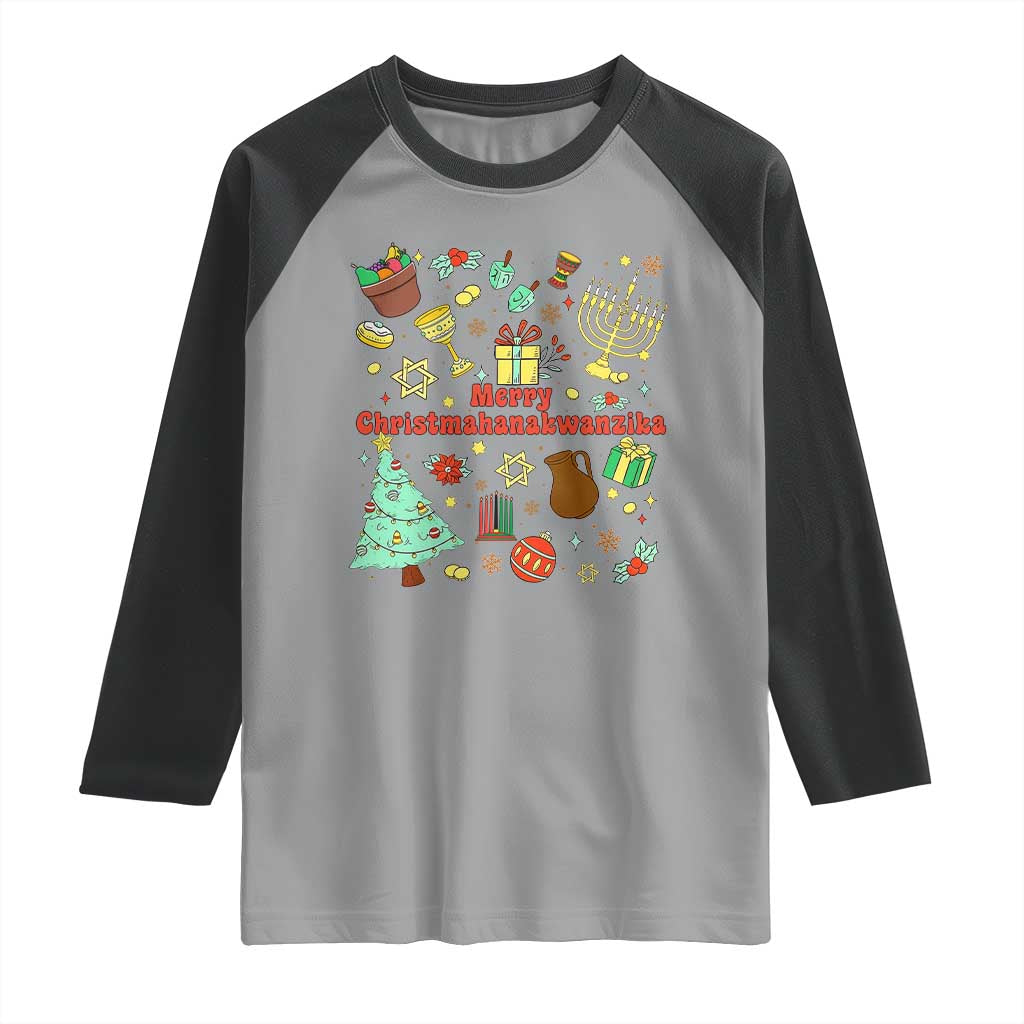 Merry Christmahanakwanzika Raglan Shirt Funny Winter Holiday Gift TS12 Sport Gray Black Print Your Wear