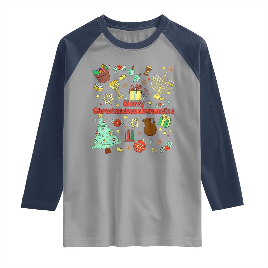 Merry Christmahanakwanzika Raglan Shirt Funny Winter Holiday Gift TS12 Sport Gray Navy Print Your Wear