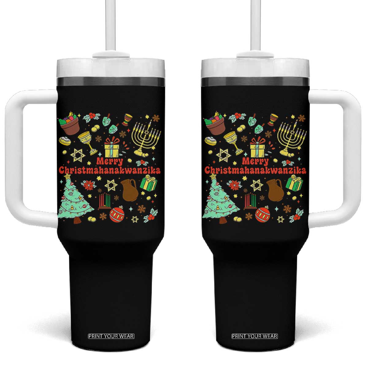 Merry Christmahanakwanzika Tumbler With Handle Funny Winter Holiday Gift TS12 One Size: 40 oz Black Print Your Wear